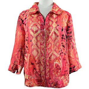Chico's Orange Geometric Floral Sheer Mesh Lightweight Zip Jacket Boho Colorful